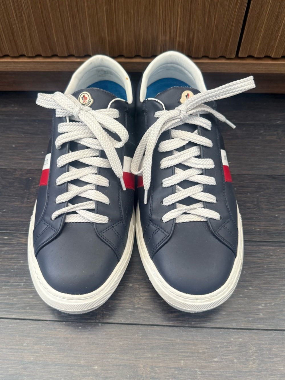 AUTHENTIC MONCLER MENS NEW MONACO LEATHER SNEAKERS, SIZE EU 43.5 (US 10.5), NAVY - Picture 8 of 16